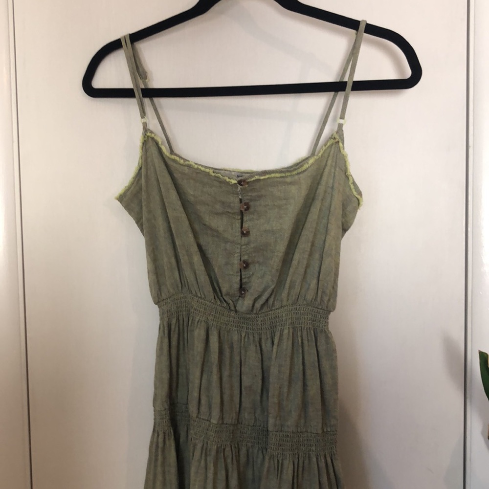 Urban Outfitters Ella Linen Dropped Waist Midi Dress Green Olive Moss - Picture 7 of 9